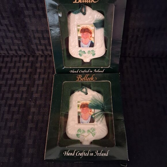 Belleek Christmas Hanging Ornament Small Bell Shaped Picture Frame Set of 2 NIB - Picture 4 of 5